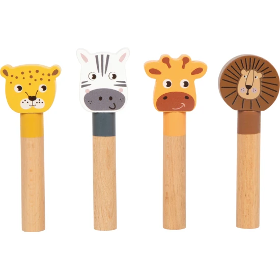 Drevena vystrelovaci vkladacka Safari se zirafou, levem, zebrou a leopardem – motoricka hracka pro deti