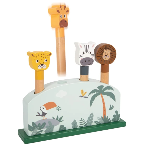 Drevena vystrelovaci vkladacka Safari se zirafou, levem, zebrou a leopardem – motoricka hracka pro deti