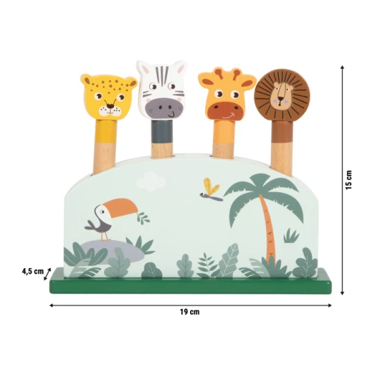 Drevena vystrelovaci vkladacka Safari se zirafou, levem, zebrou a leopardem – motoricka hracka pro deti