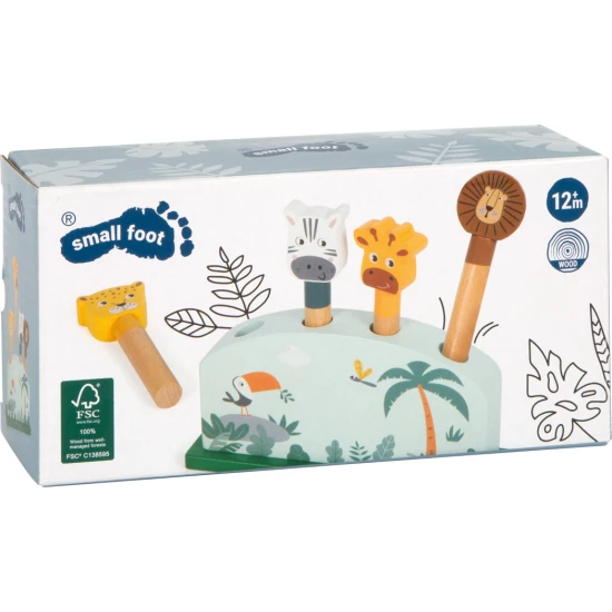 Drevena vystrelovaci vkladacka Safari se zirafou, levem, zebrou a leopardem – motoricka hracka pro deti