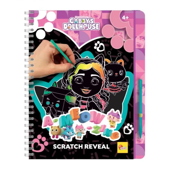 Dětská vyškrabávací knížka Gabby's Dollhouse s barevnými ilustracemi po seškrábání černé vrstvy