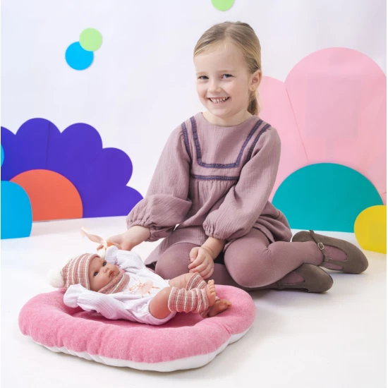 Llorens Bábátko s celovinylovým tělem holčička s pruhovanou čepičkou s bambulkou 35 cm