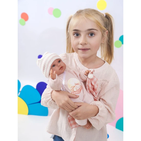 Llorens Bábátko se zvuky a měkkým tělem v růžovém overalu s kostkovanou dečkou 38 cm