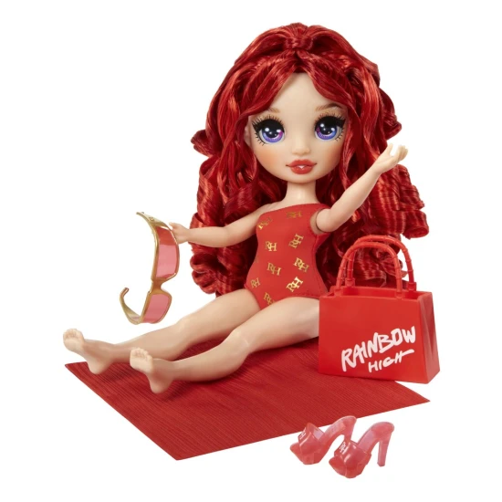 Fashion panenka v plavkách s doplňky a dlouhými česatelnými vlásky – Letní duhová kolekce