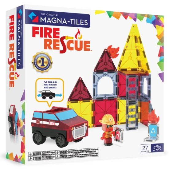 Magnetická stavebnice MAGNA-TILES Fire Rescue – dětské hasičské auto, figurka hasiče a ohnivé dílky