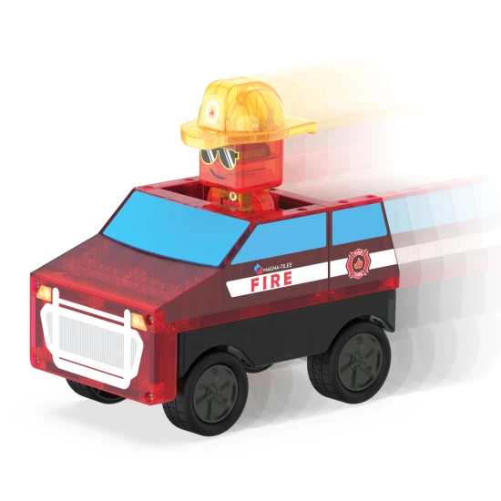 Magnetická stavebnice MAGNA-TILES Fire Rescue – dětské hasičské auto, figurka hasiče a ohnivé dílky