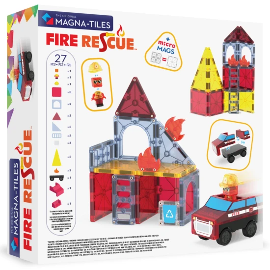 Magnetická stavebnice MAGNA-TILES Fire Rescue – dětské hasičské auto, figurka hasiče a ohnivé dílky