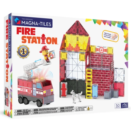 Magnetická stavebnice MAGNA-TILES Hasičská stanice – dětská stavebnice s hasičem, žebříkem, světly a sirénou