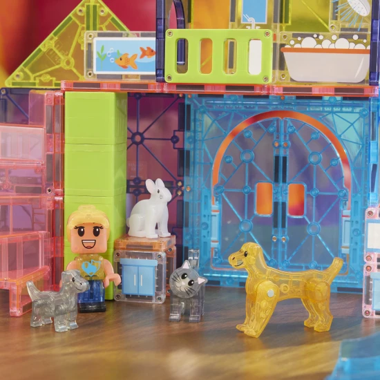Magnetická stavebnice MAGNA-TILES Pet Playhouse – dětský domeček pro zvířata se skluzavkou, figurkami a doplňky