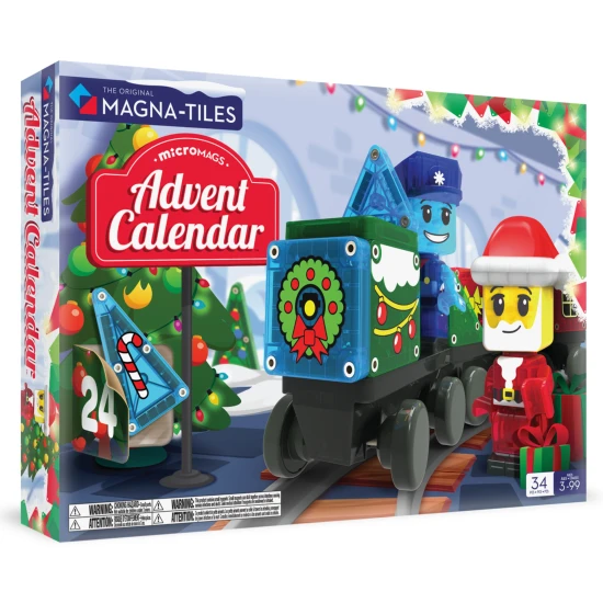 Magnetická stavebnice MAGNA-TILES Adventní kalendář – 34 dílků s vánočními motivy, figurkami a mikropodvozkem