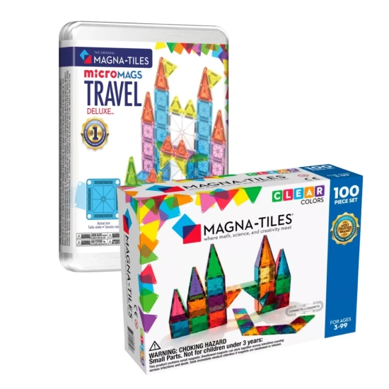 Set MAGNA-TILES Magnetická stavebnica 100 dielov a microMAGS Travel Set Deluxe 55 dielov
