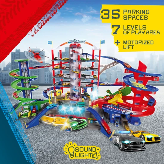 Garáž Super City se 6 autíčky a vlakem Garáž Super City se 6 autíčky a vlakem – Majorette MJ2009001