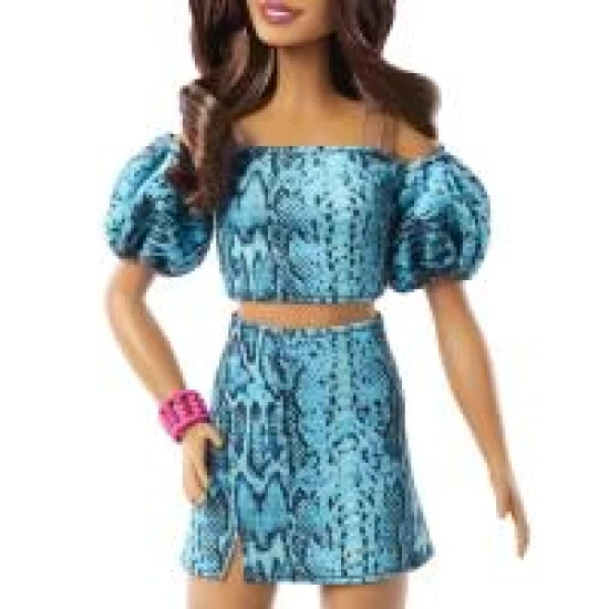 Barbie Fashionistas modelka v topu a sukni s petrolejovým potiskem