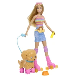 Barbie panenka se psíkem na kolečkových bruslích blondýnka