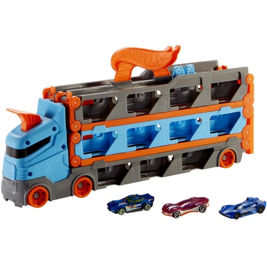 Hot Wheels Nadupaný tahač – Skladování a závody v jednom Hot Wheels® Nadupaný tahač s připojitelnou závodní dráhou a auty Hot Wheels® v měřítku 1:64.