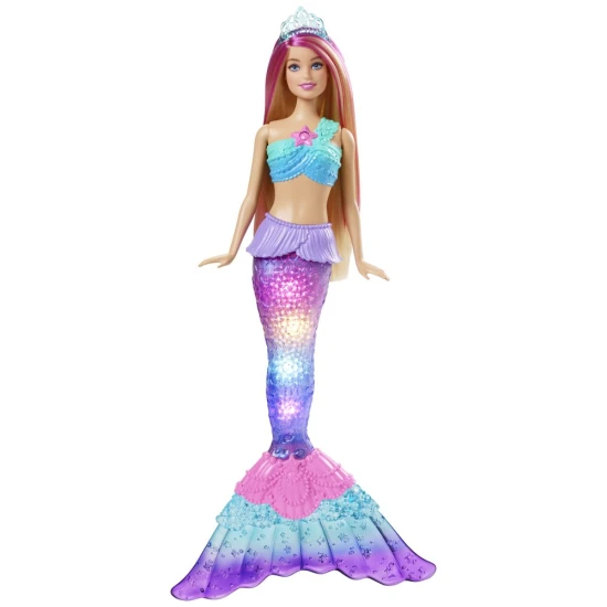 Panenka Barbie™ Blikající mořská panna s perleťovým ocasem, který svítí jednou ze čtyř barevných show, a doplňky jako duhové ploutve a princeznovský diadém.