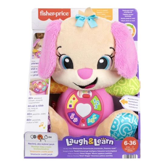 Mluvící pejskova sestřička Fisher-Price Směj se a Poznávej interaktivní plyšová hračka pro děti s písničkami a rozsvěcením srdíčka