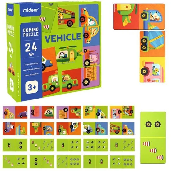 Krásně ilustrované dvojité domino s obrázky dopravních prostředků.