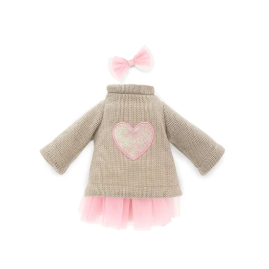 Lucky Doggy oblečení pro pejska Pink Heart – růžové šaty, šedý svetr se srdíčkem a růžová mašle pro plyšového pejska