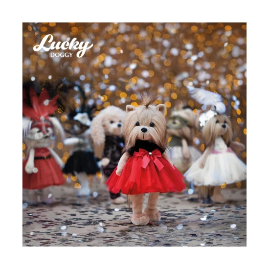 Plyšový pejsek yorkšírka Lucky Doggy Yoyo Fiesta v černo-červených tylových šatech s mašlí