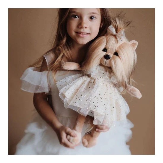 Plyšový pejsek yorkšírka Lucky Doggy Yoyo Starlight ve zlatých tylových šatech s mašličkou