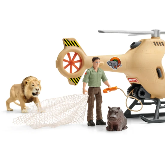 Schleich Schleich Záchranný vrtulník pro zvířata Strážce s helikoptérou zachraňuje hroší mládě před lvem