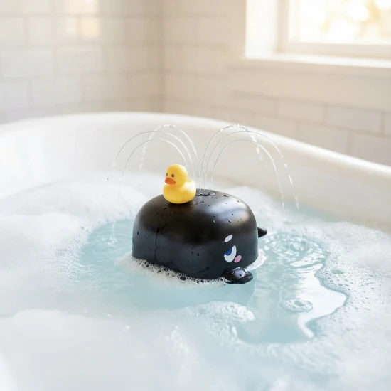 Černá velryba stříkající vodu – vodní fontána s káčátkem