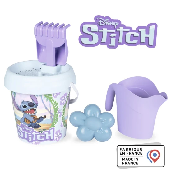 Dětský set na písek Stitch – kbelíky, krhlička, hrabičky a formička