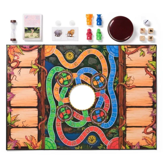 Hra Jumanji SK: Zábava s dekodérem, kartami nebezpečí a přesýpacími hodinami.