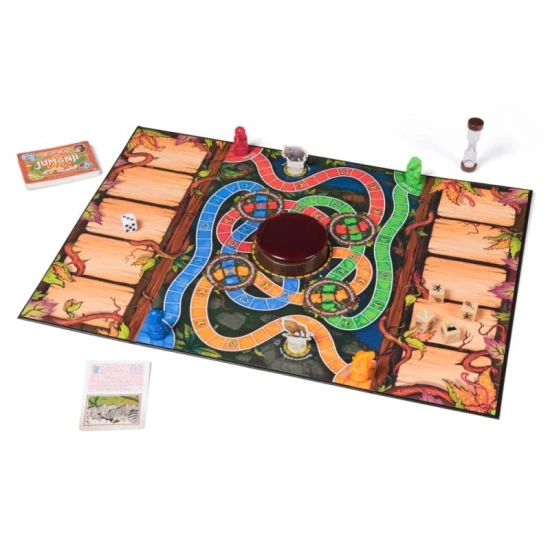 Hra Jumanji SK: Zábava s dekodérem, kartami nebezpečí a přesýpacími hodinami.