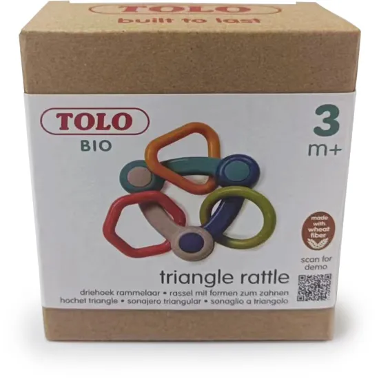 Barevné chrastítko ve tvaru trojúhelníku se třemi přívěsky různých tvarů.