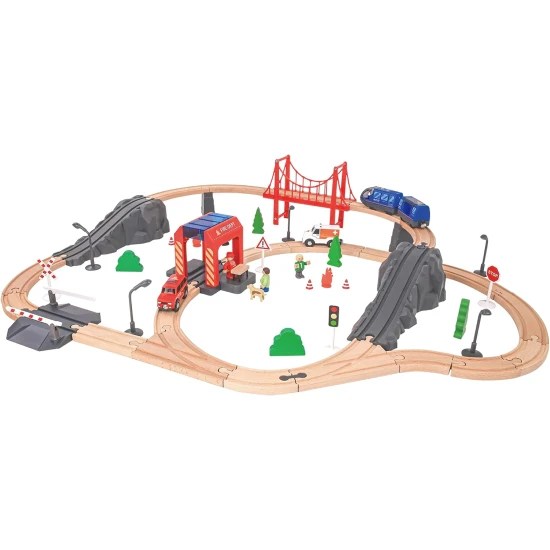 Dětská dřevěná vláčková dráha XXL s hasičským motivem a osobním vlakem