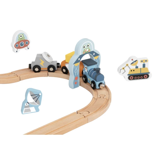 Vláčková dráha Vesmír s astronauty, ufem a vesmírnou raketou.