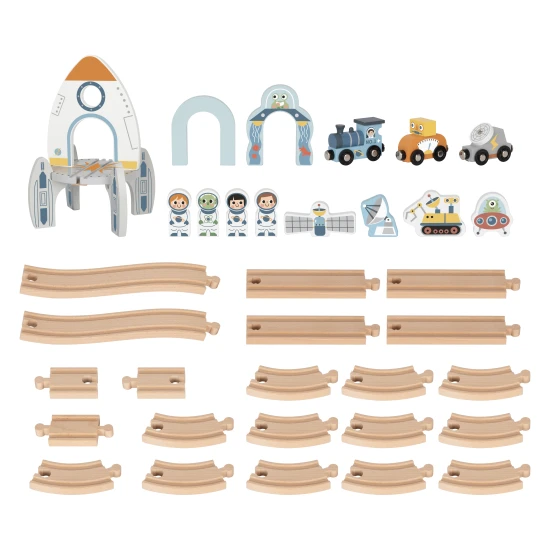 Vláčková dráha Vesmír s astronauty, ufem a vesmírnou raketou.