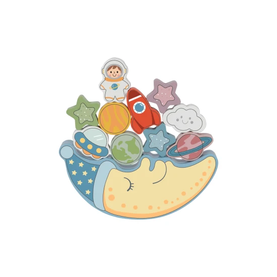 Dřevěná houpačka s vesmírnými kostkami a navlékání v jednom.