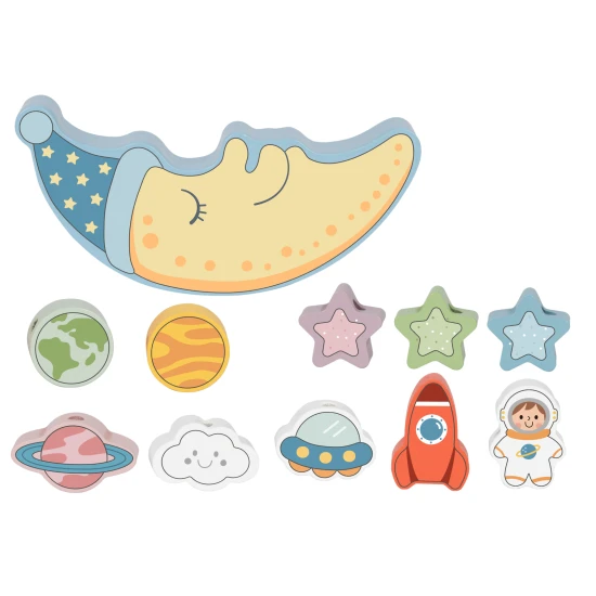 Dřevěná houpačka s vesmírnými kostkami a navlékání v jednom.