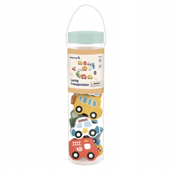 Dřevěné navlékání korálků Doprava Tooky Toy – dětská motorická hračka s dopravními prostředky