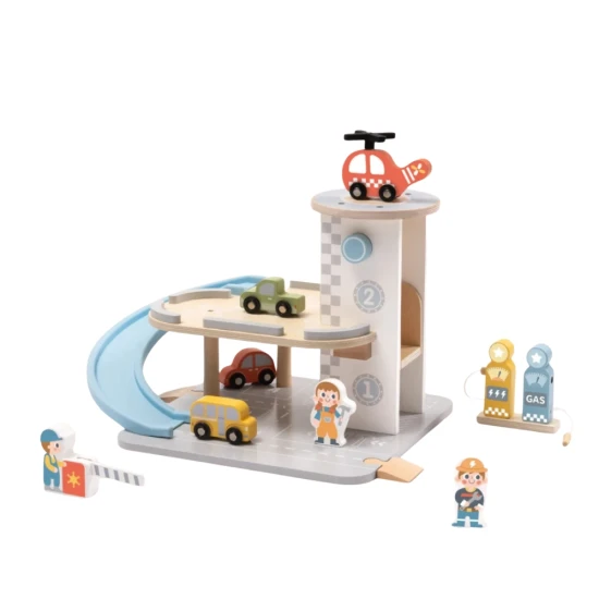 Dřevěná garáž s autíčky Tooky Toy – vícepatrová garáž s rampou, vrtulníkem a doplňky
