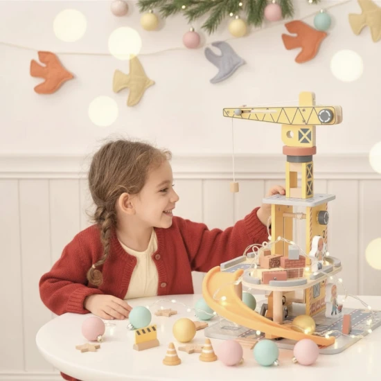 Jeřáb a autíčka set Tooky Toy – dřevěná stavební sada s jeřábem, autíčky a figurkami dělníků