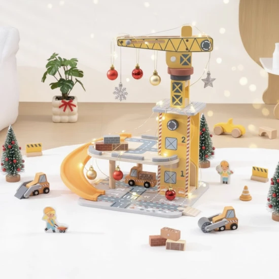 Jeřáb a autíčka set Tooky Toy – dřevěná stavební sada s jeřábem, autíčky a figurkami dělníků
