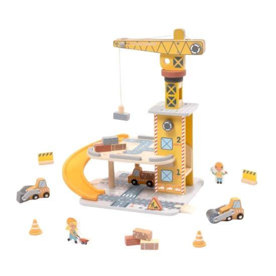 Jeřáb a autíčka set Tooky Toy – dřevěná stavební sada s jeřábem, autíčky a figurkami dělníků