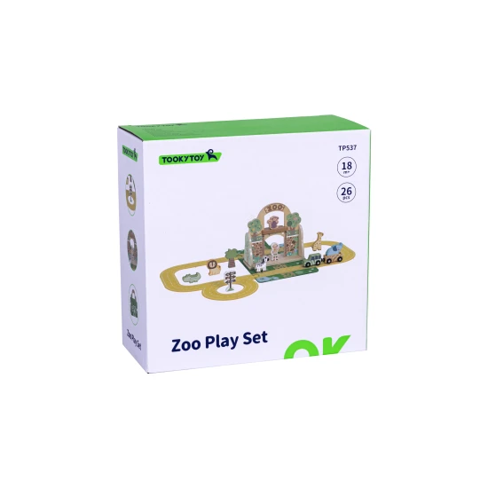 Zoo sada v kufříku s dráhou Tooky Toy – dřevěná cestovní hra se zvířátky, autíčky a doplňky