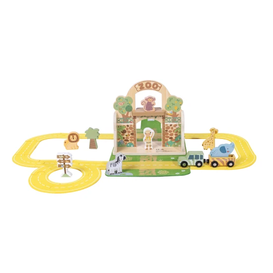 Zoo sada v kufříku s dráhou Tooky Toy – dřevěná cestovní hra se zvířátky, autíčky a doplňky
