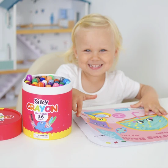 Barevné jemné omyvatelné voskovky pro děti v praktickém boxu – 36 kusů