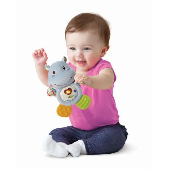 Měkké interaktivní kousátko Kamarád hrošík pro miminka s hudbou a svítícím srdíčkem