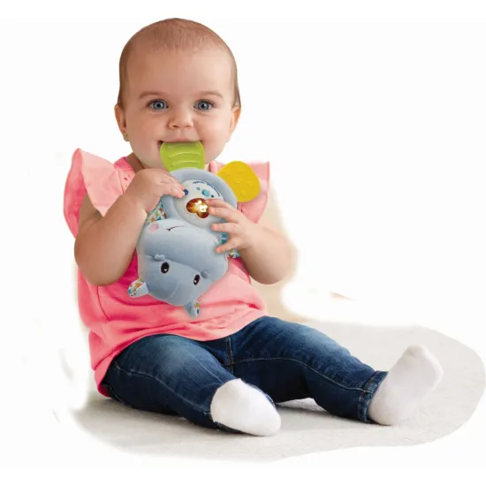 Měkké interaktivní kousátko Kamarád hrošík pro miminka s hudbou a svítícím srdíčkem