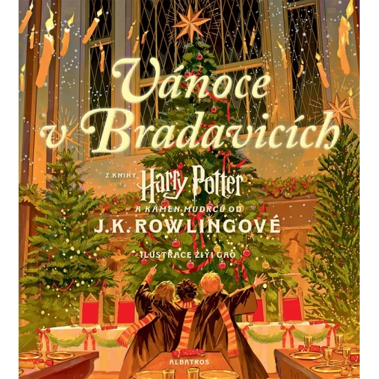 Bradavice v zimě, sníh a kouzelná vánoční výzdoba.
