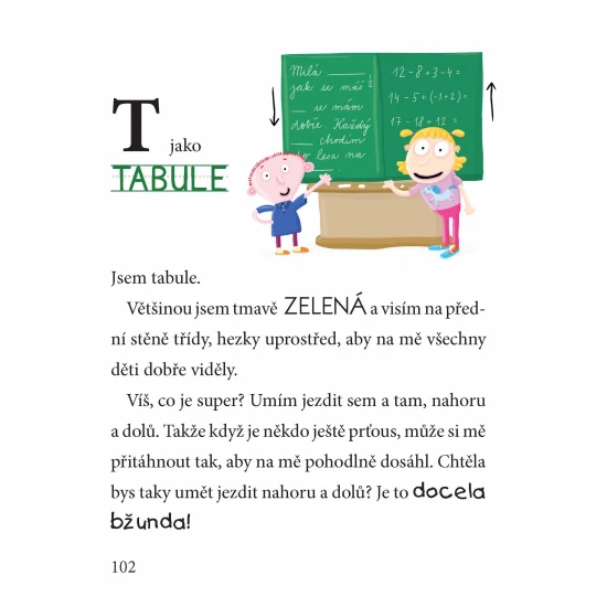 Jedinečná obrázková knížka, která provede čerstvé školačky abecedou a zároveň školním prostředím.