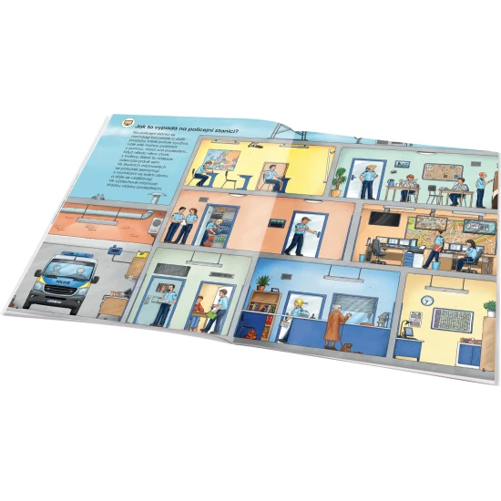 Samolepkový sešit pro děti - Policie: Jak? Proč? Co? – barevná obálka a samolepky s policajty, auty a scénami z každodenního života policie