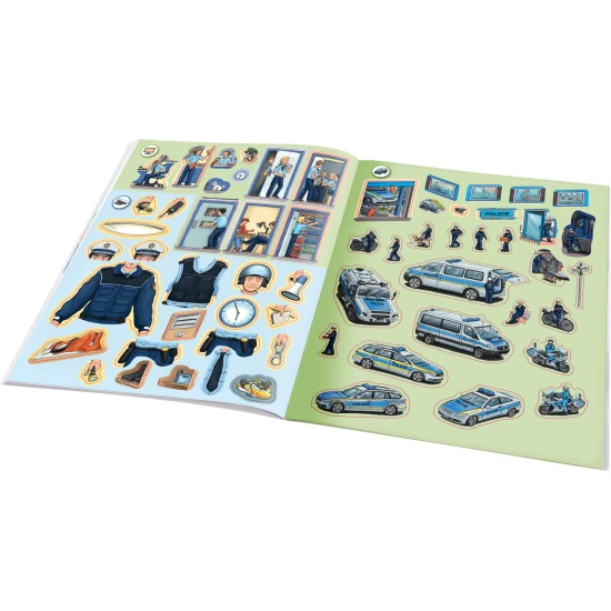 Samolepkový sešit pro děti - Policie: Jak? Proč? Co? – barevná obálka a samolepky s policajty, auty a scénami z každodenního života policie